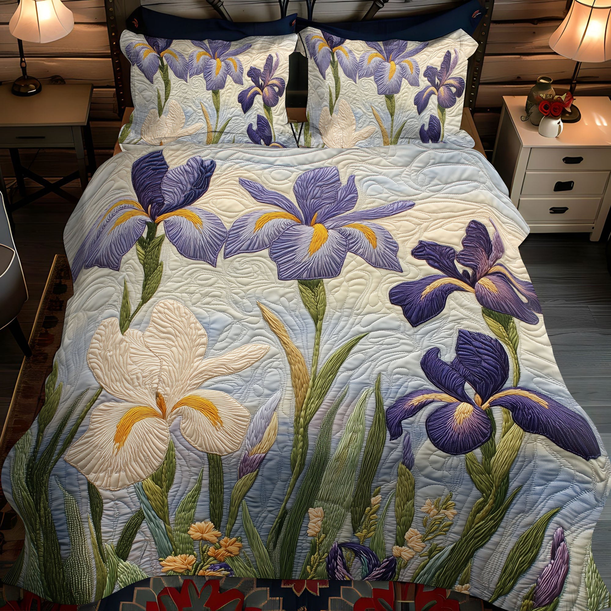 Peaceful Iris Quilted Bedding Set Vintage Floral Bedspread Set Gift For Mom
