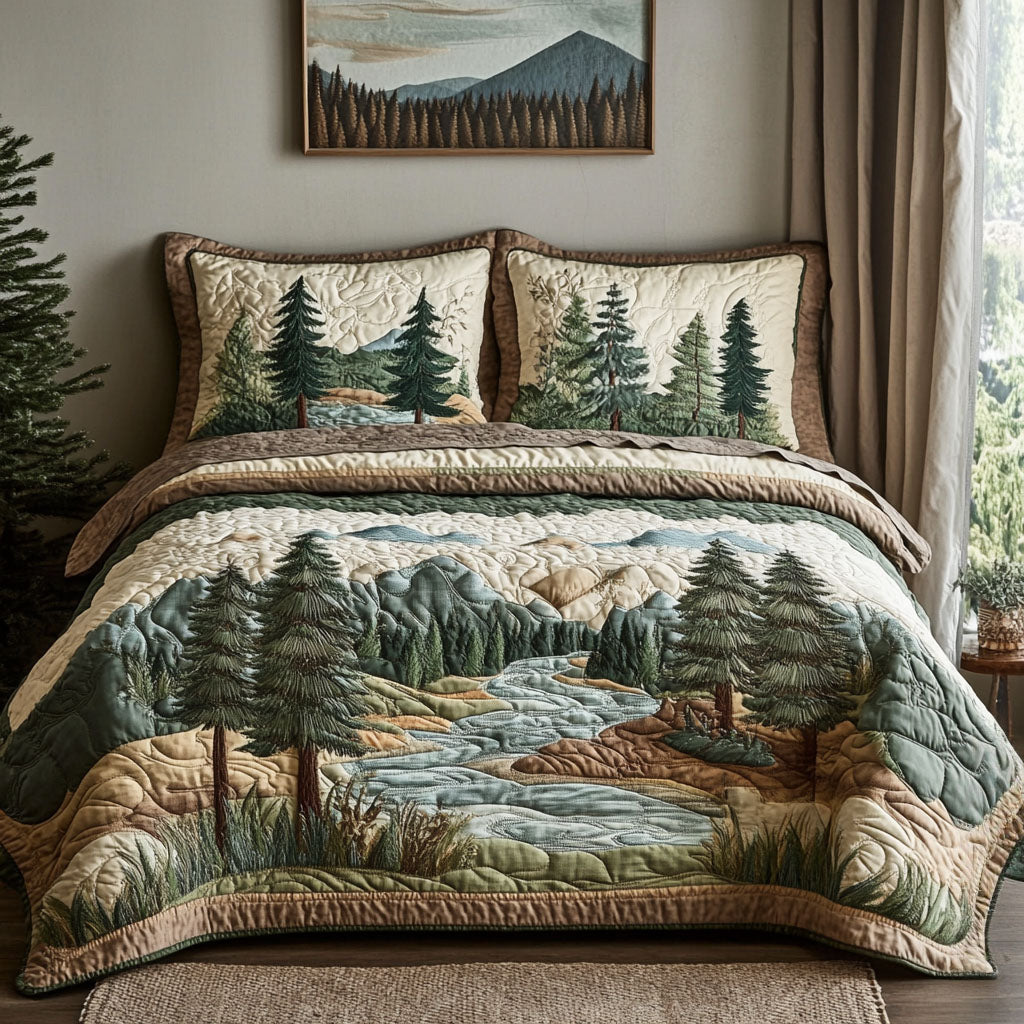 Mountain Bliss Quilted Bedding Set Mountain Wilderness Bedspread Set Outdoor Lover Gift