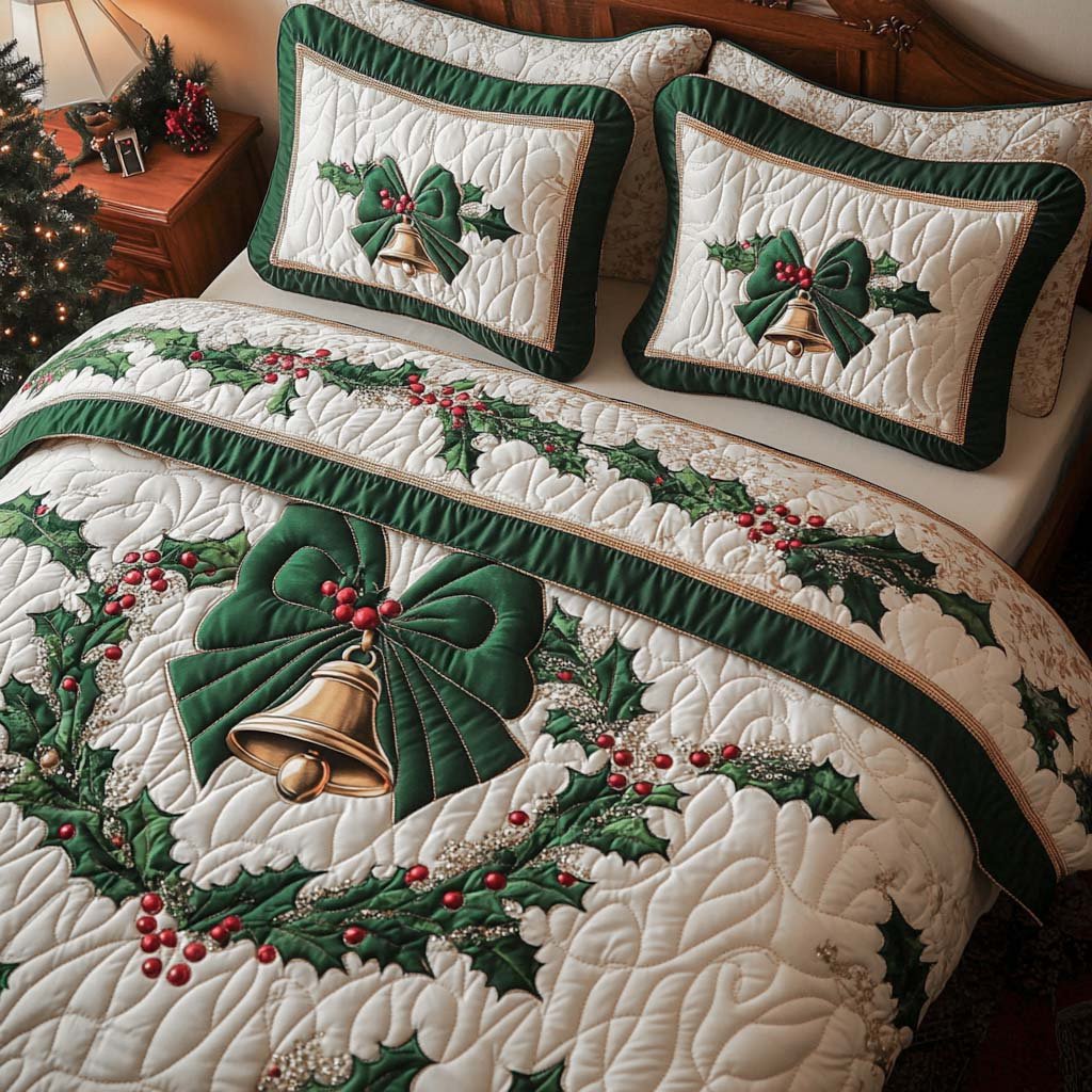 Holly Bow Harmony Quilted Bedding Set Xmas Holiday Bedspread Set Holiday Gift