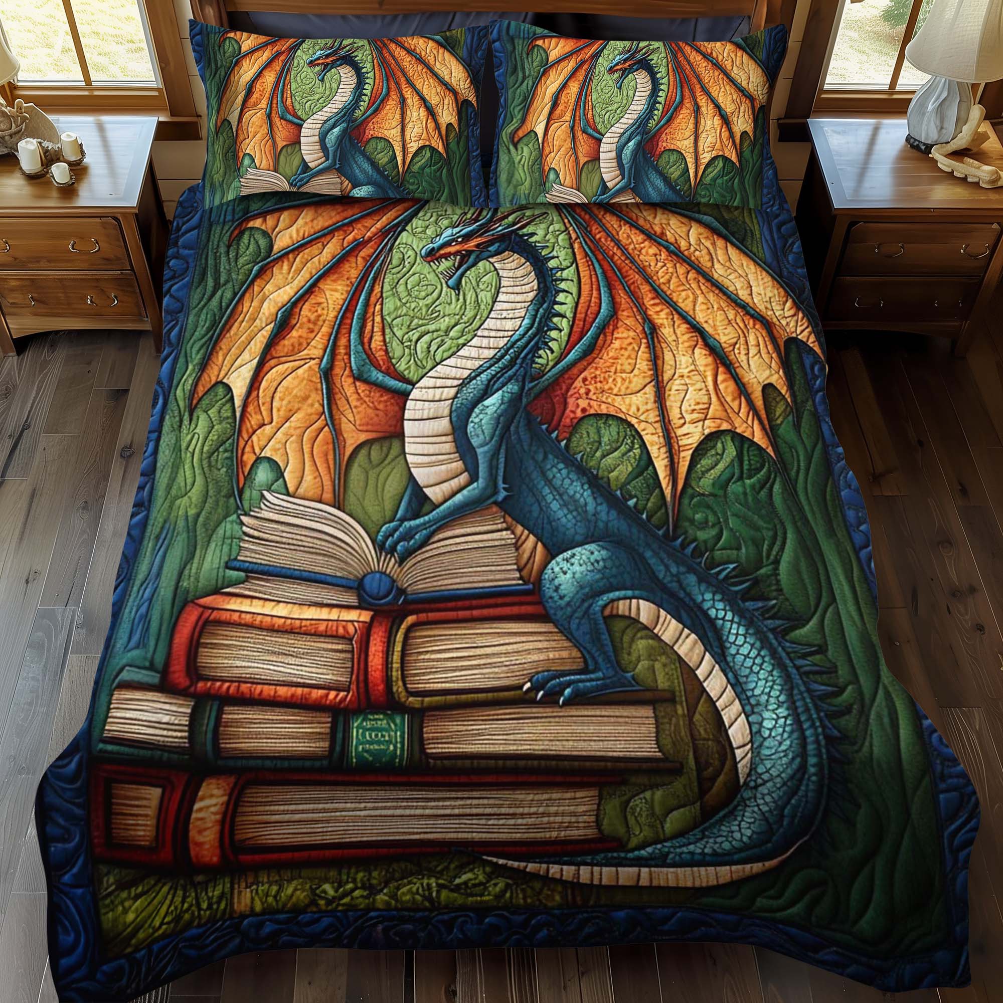 Jade Serpent Quilted Bedding Set Book Dragon Bedspread Set Book Lover Gift