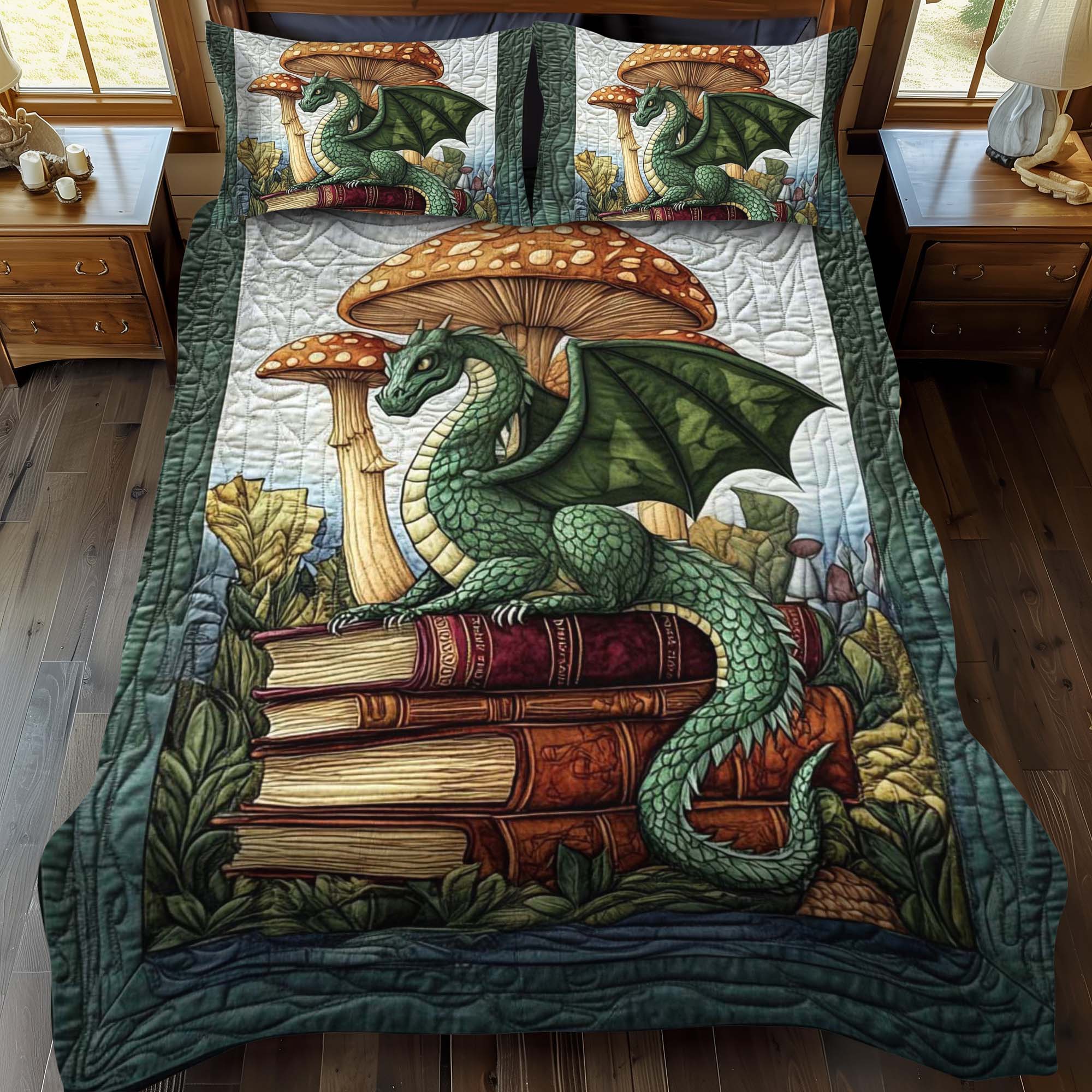 Jade Serpent Quilted Bedding Set Mystical Dragon Bedspread Set Fantasy Lover Gift
