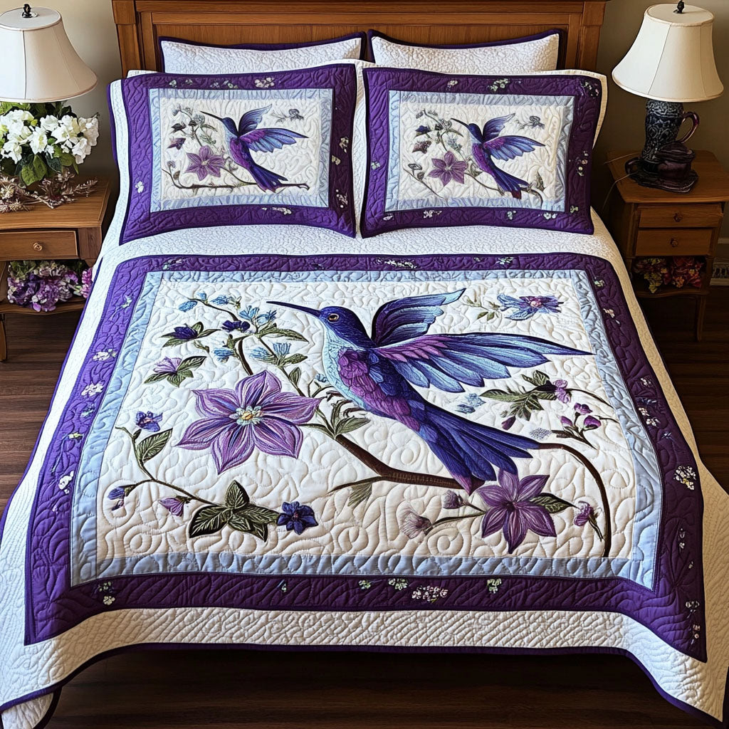 Humming Grace Quilted Bedding Set Hummingbird Garden Bedspread Set Bird Lover Gift