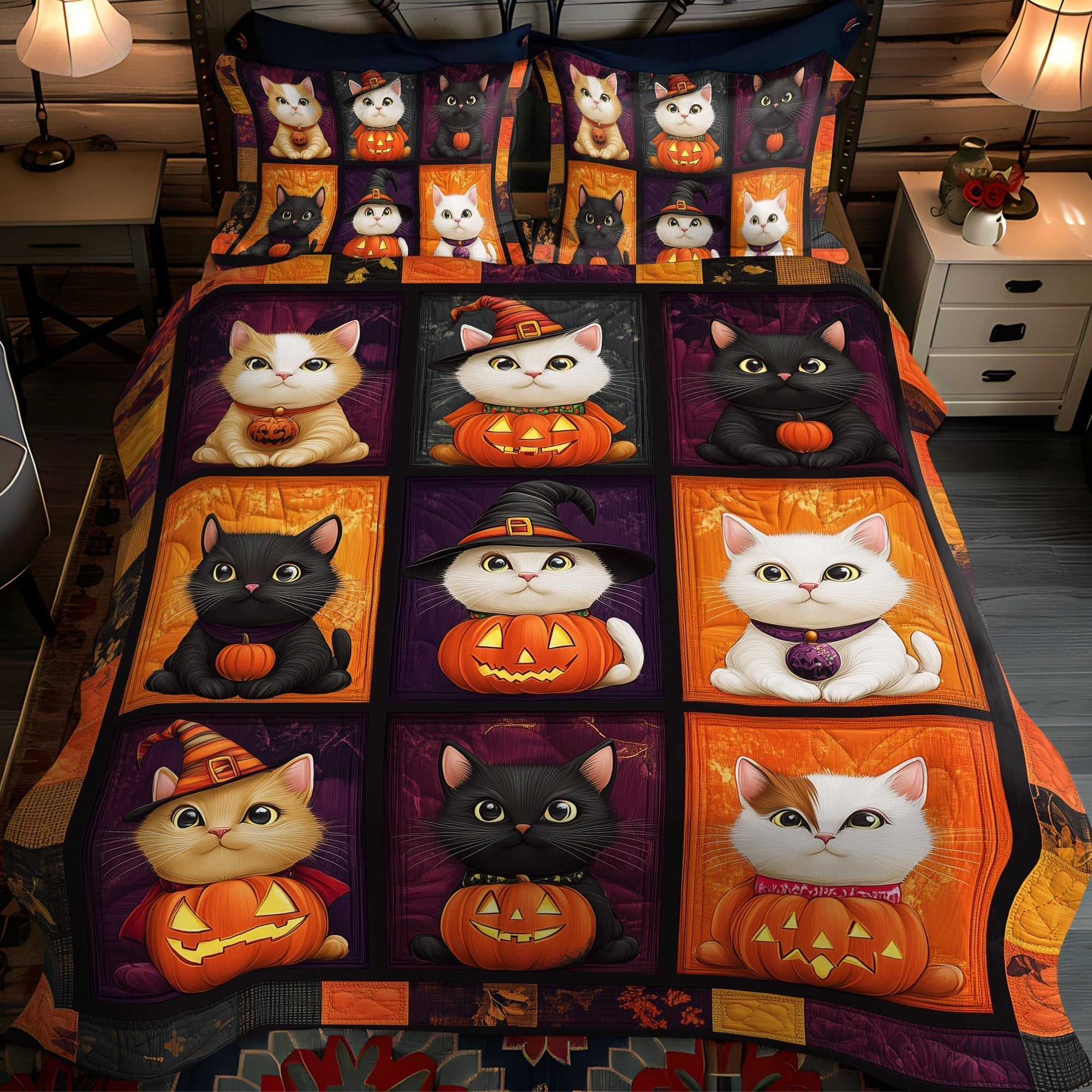 Halloween Cat Quilted Bedding Set Gothic Halloween Bedspread Set Spooky Gift