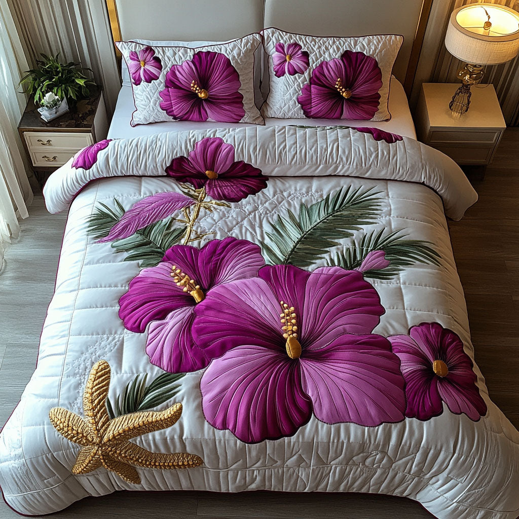 Elegant Bloom Quilted Bedding Set Aloha Hawaii Bedspread Set Beach Lover Gift
