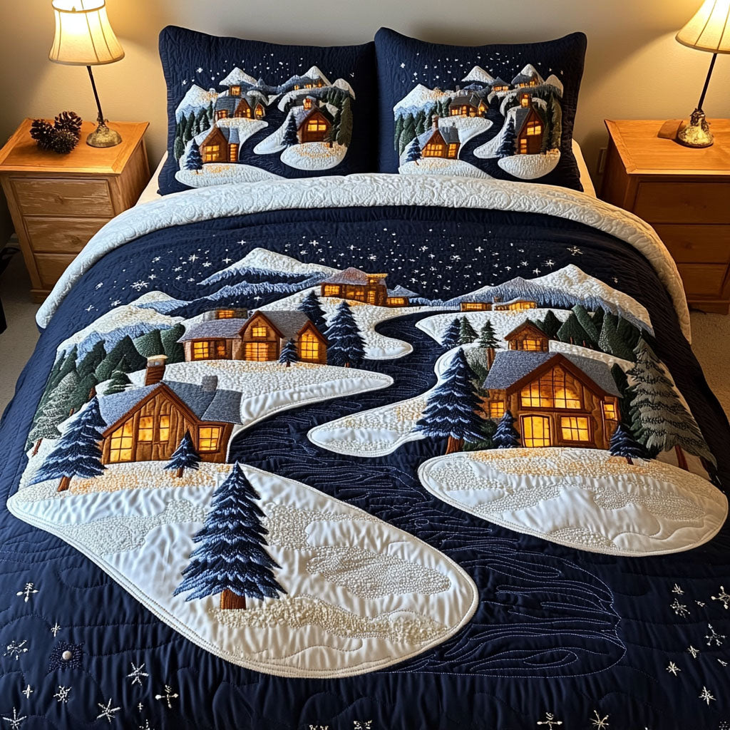 Starlit Village Quilted Bedding Set Cottage Bedroom Bedspread Set Gift