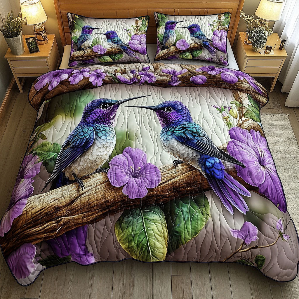 Amethyst Lovebirds Quilted Bedding Set Romantic Couple Bedspread Set Gift For Couples