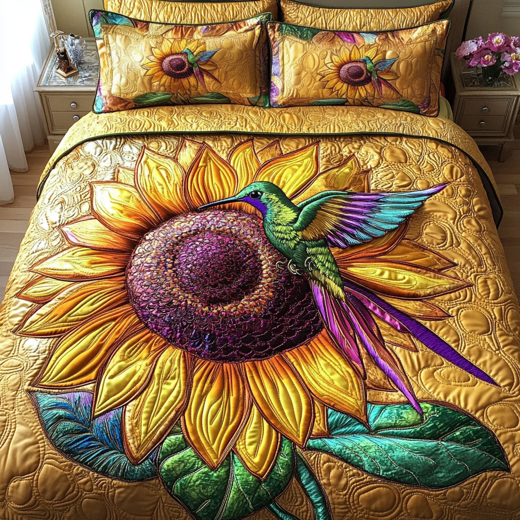Flying Fantasy Quilted Bedding Set Hummingbird Lover Bedspread Set Garden Lover Gift