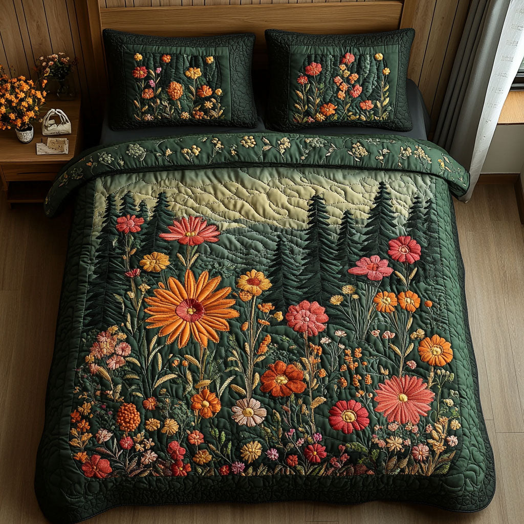 Woodland Bloom Quilted Bedding Set Boho Floral Bedspread Set Gift For Her