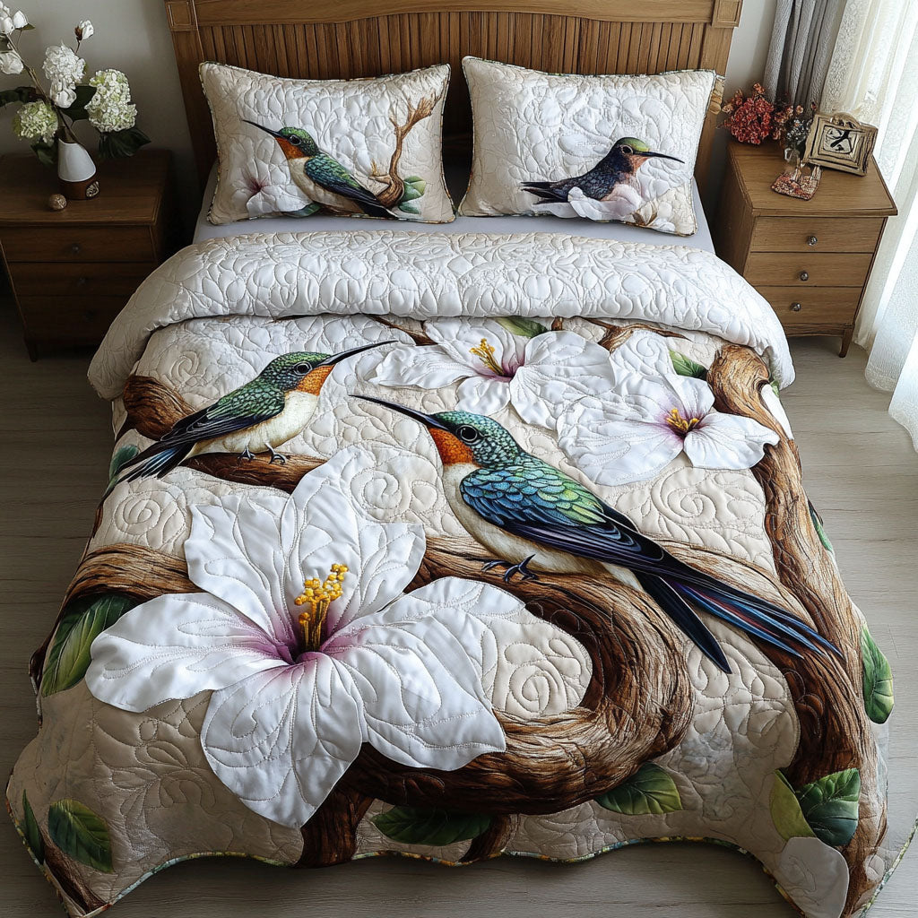 Ivory Whisper Wings Quilted Bedding Set Bird Feather Bedspread Set Nature Lover Gift