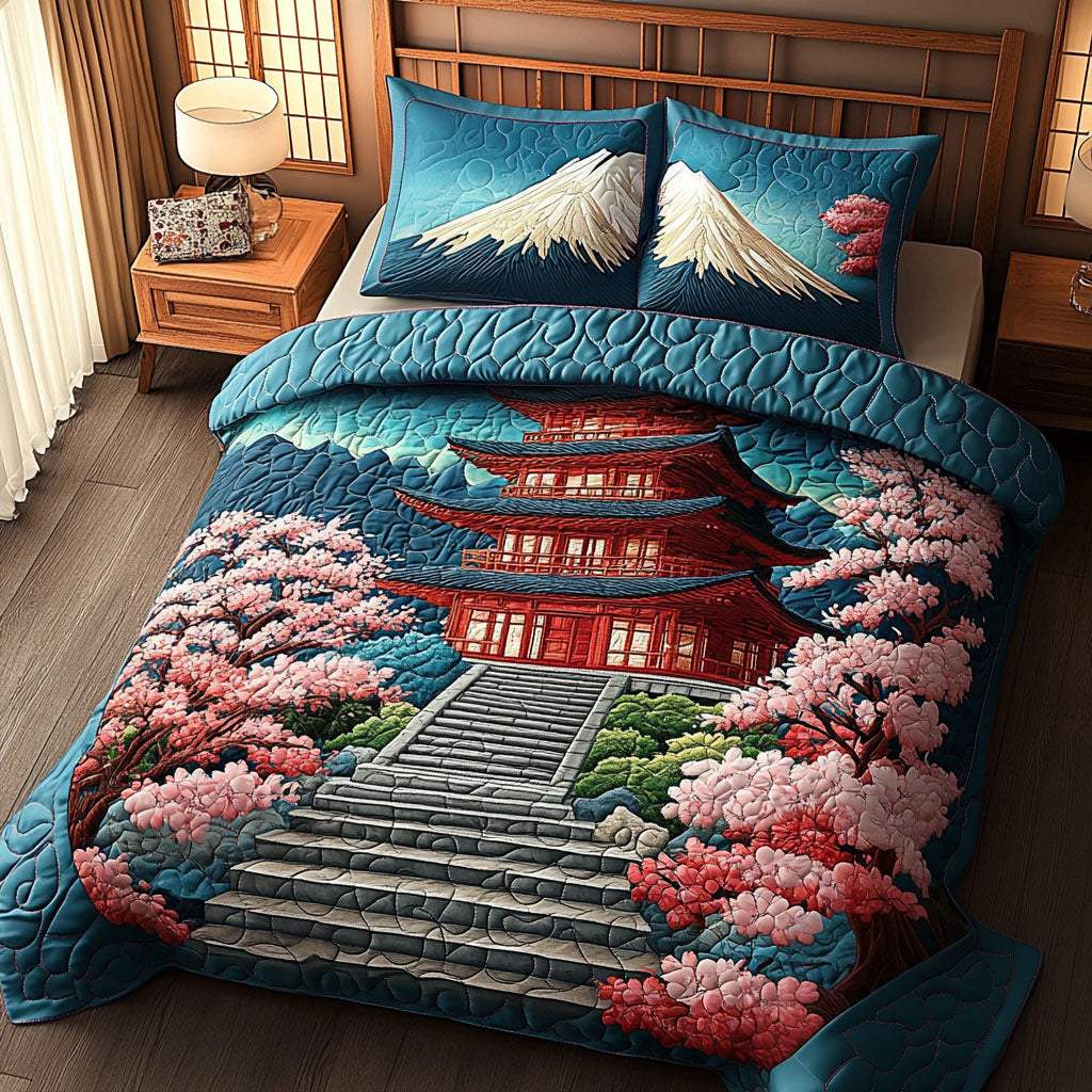 Cherry Blossom Path Quilted Bedding Set Japanese Pagoda Bedspread Set Japan Lover Gift