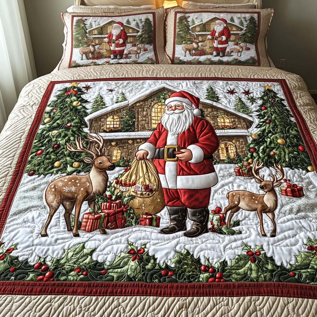 Santa Arrival Quilted Bedding Set Jolly Santa Bedspread Set Xmas Gift