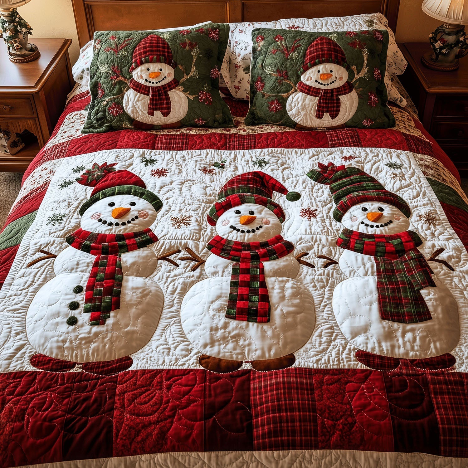 Snowman Wonderland Quilted Bedding Set Cute Snowman Bedspread Set Family Gift
