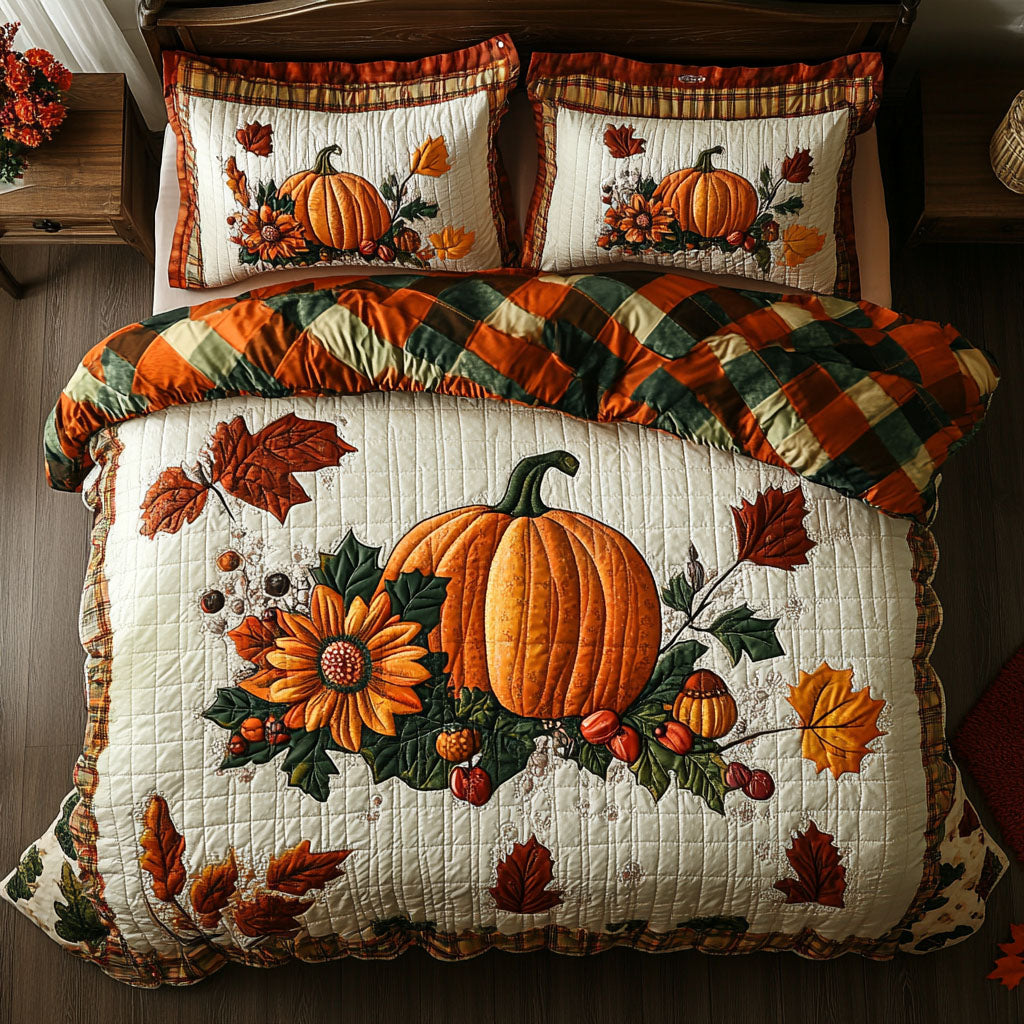Pumpkin Harvest Quilted Bedding Set Autumn Harvest Bedspread Set Thanksgiving Gift