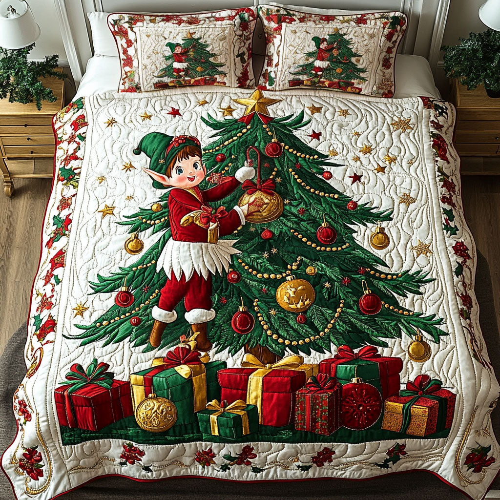 Elves Of Christmas Joy Quilted Bedding Set Santa Workshop Bedspread Set Gift Decor