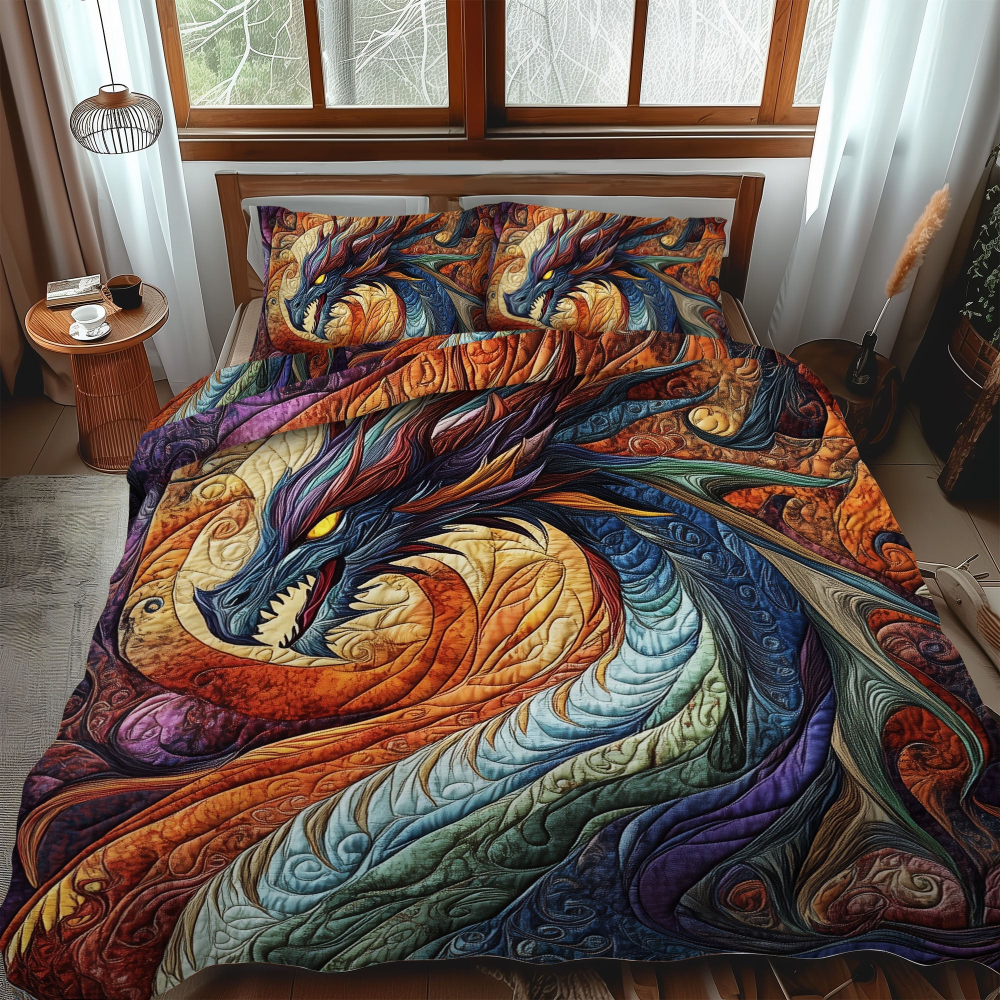 Thunderwing Quilted Bedding Set Fantasy Dragon Bedspread Set Gift For Dragon Lovers