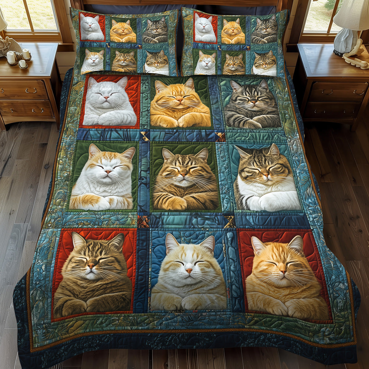 Catnap Comfort Quilted Bedding Set Funny Cat Bedspread Set Pet Lover Gift