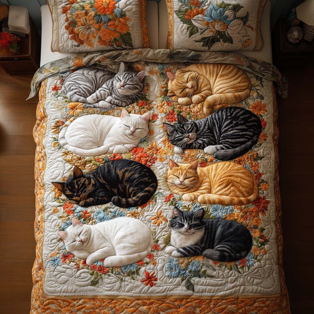 Rustic Cat Garden Quilted Bedding Set Vintage Floral Bedspread Set Garden Lover Gift