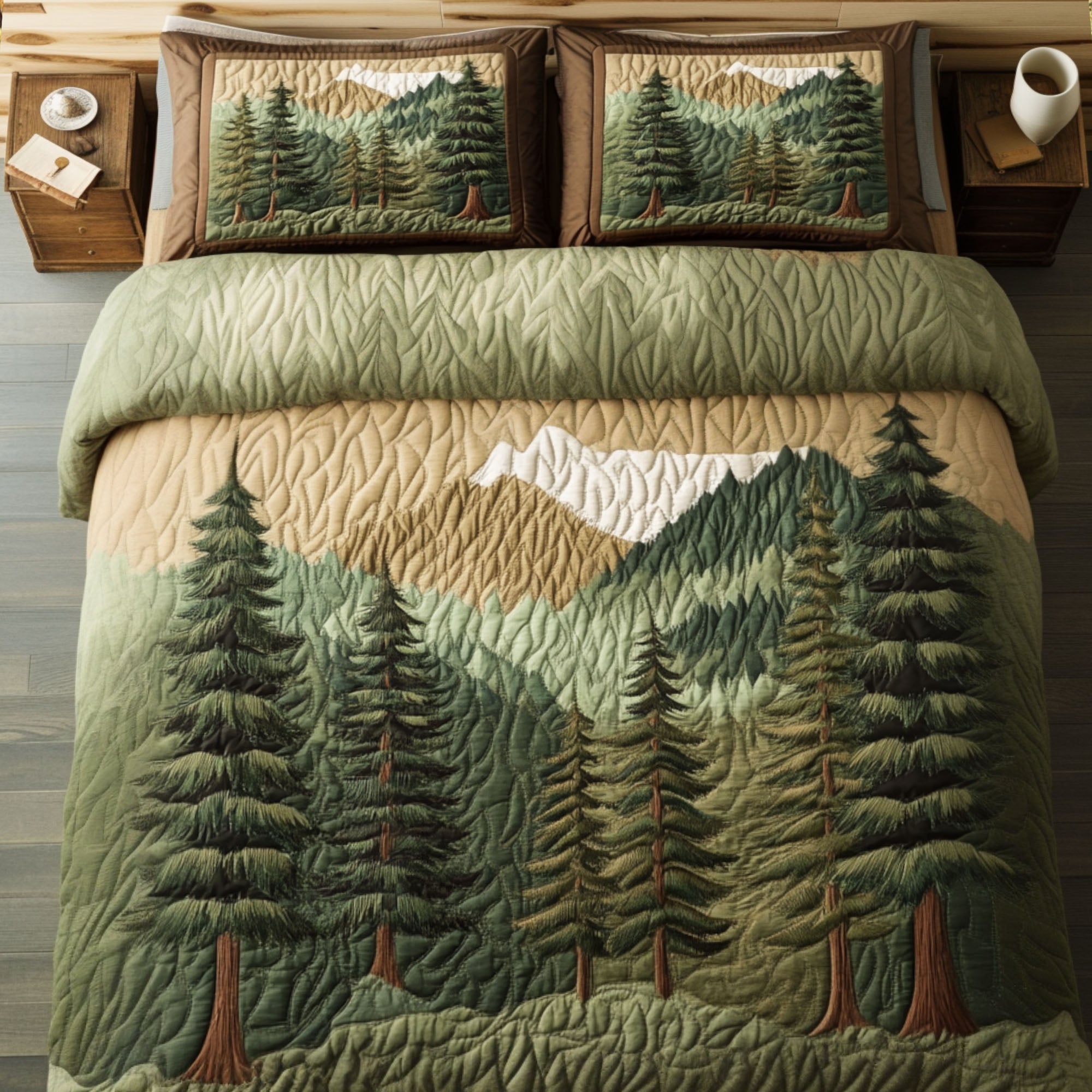 Misty Mountains Quilted Bedding Set Mountain Wilderness Bedspread Set Outdoor Lover Gift