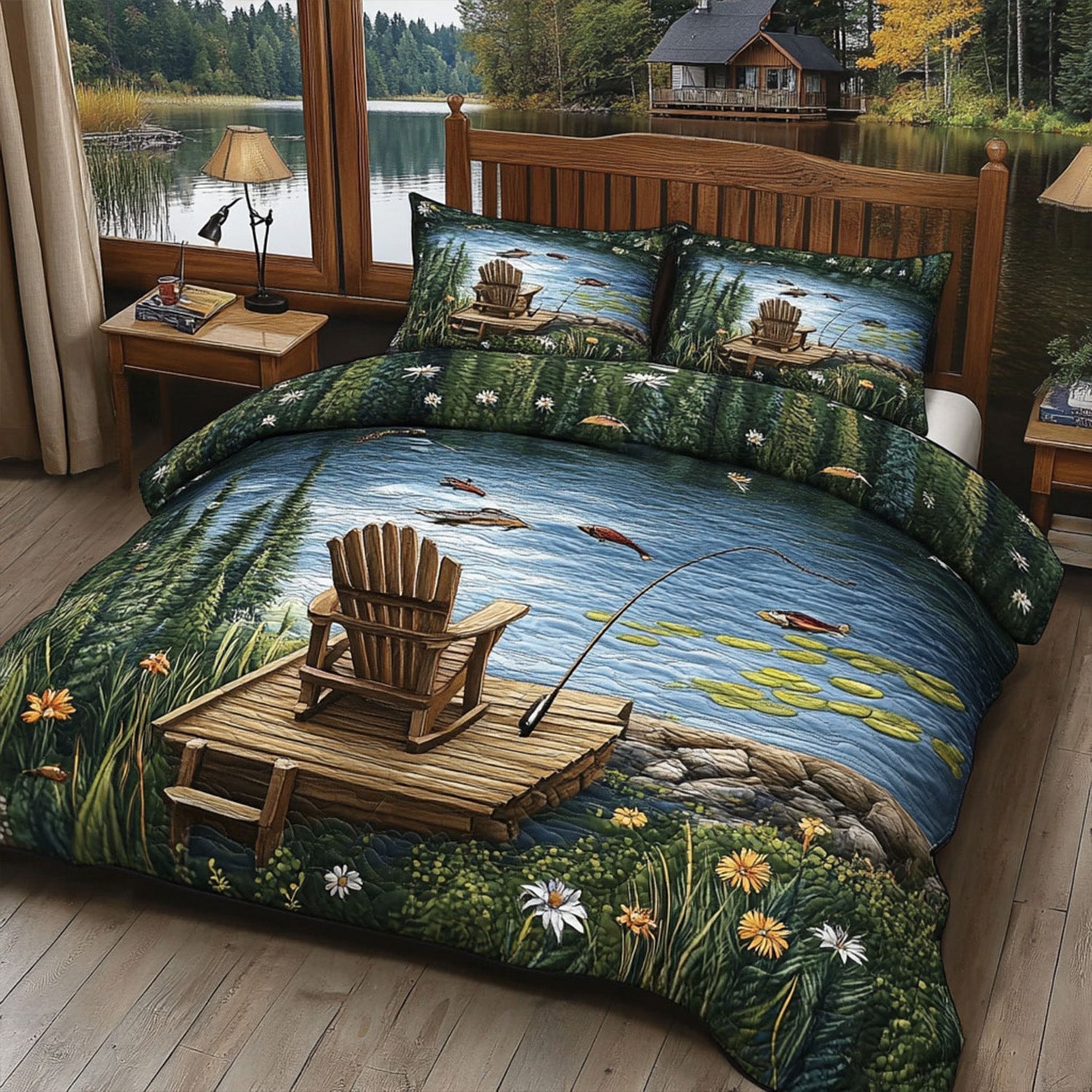 Chair By The Lake Quilted Bedding Set Rustic Cabin Bedspread Set Cabin Decor Gift