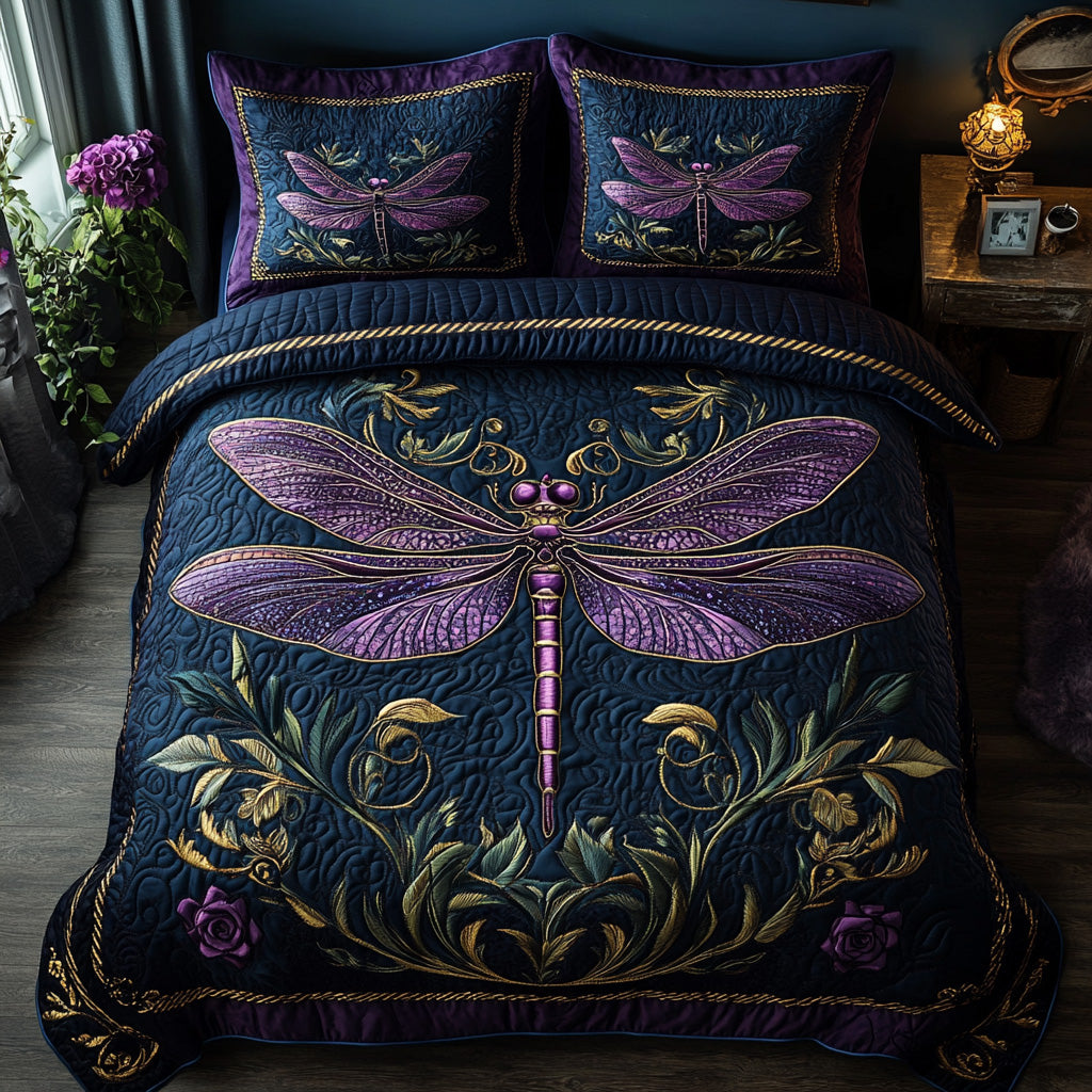 Elegant Dragonfly Quilted Bedding Set Dragonfly Lover Bedspread Set Gift For Mom