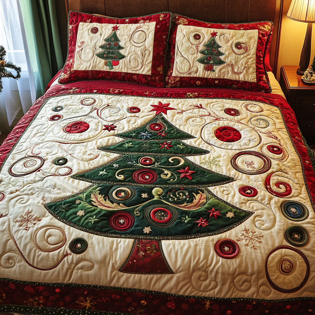 Christmas Tree Quilted Bedding Set Evergreen Pine Bedspread Set Family Gift
