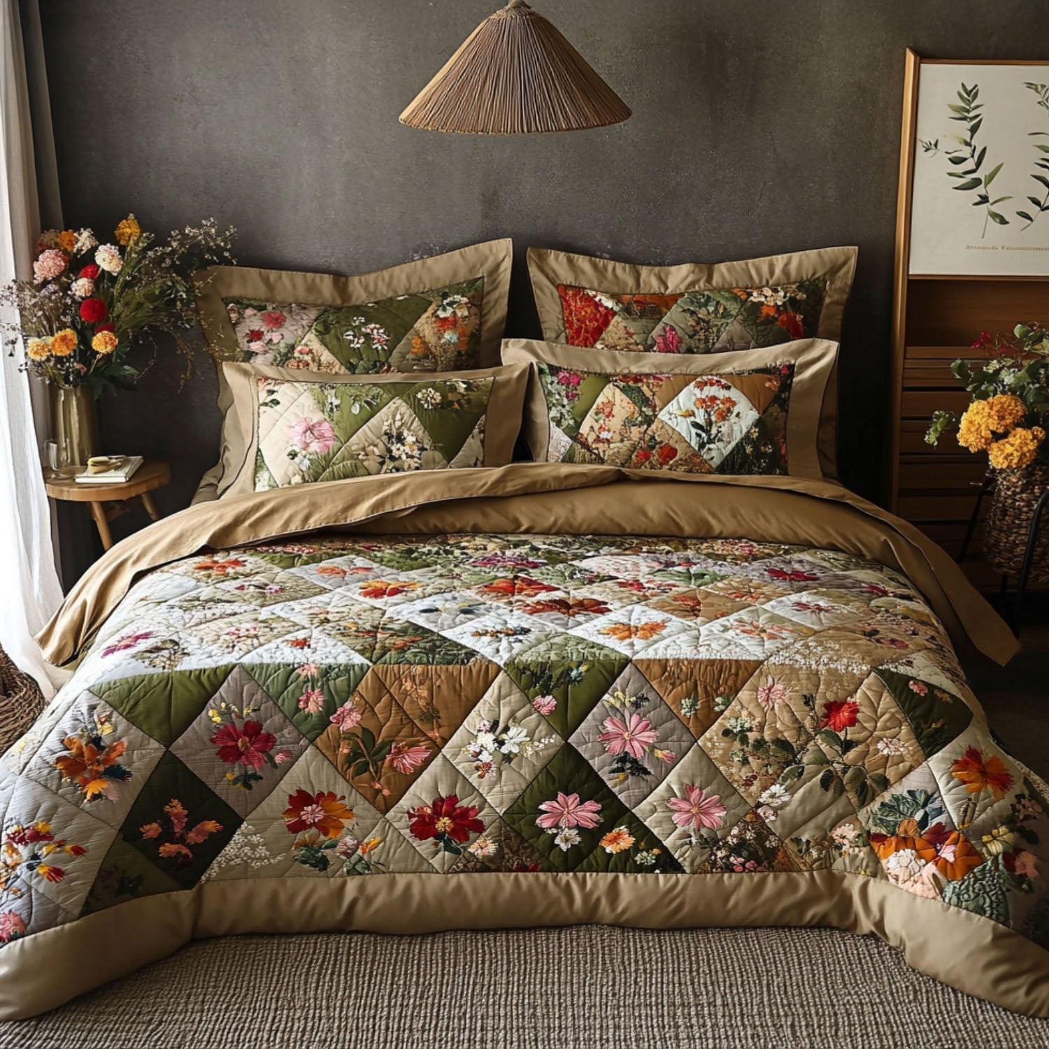 Wildflower Patchwork Quilted Bedding Set Vintage Floral Bedspread Set Gift For Mom