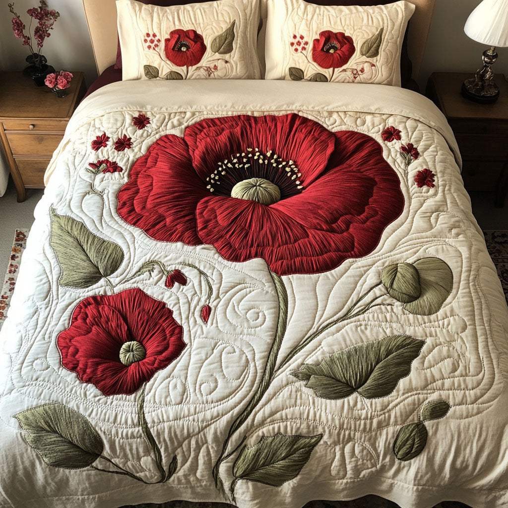 Rustic Poppies Quilted Bedding Set Wildflower Floral Bedspread Set Gift For Her