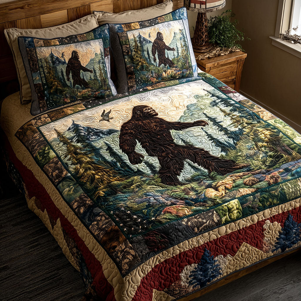 Bigfoot Trailblazer Quilted Bedding Set Funny Sasquatch Bedspread Set Bigfoot Lover Gift