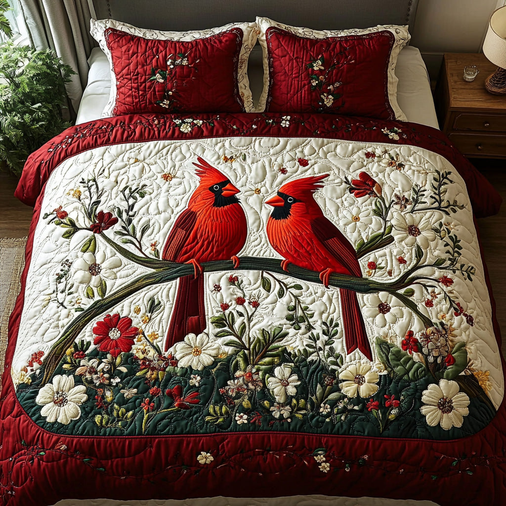 Forever Cardinal Quilted Bedding Set Winter Cardinal Bedspread Set Memorial Gift