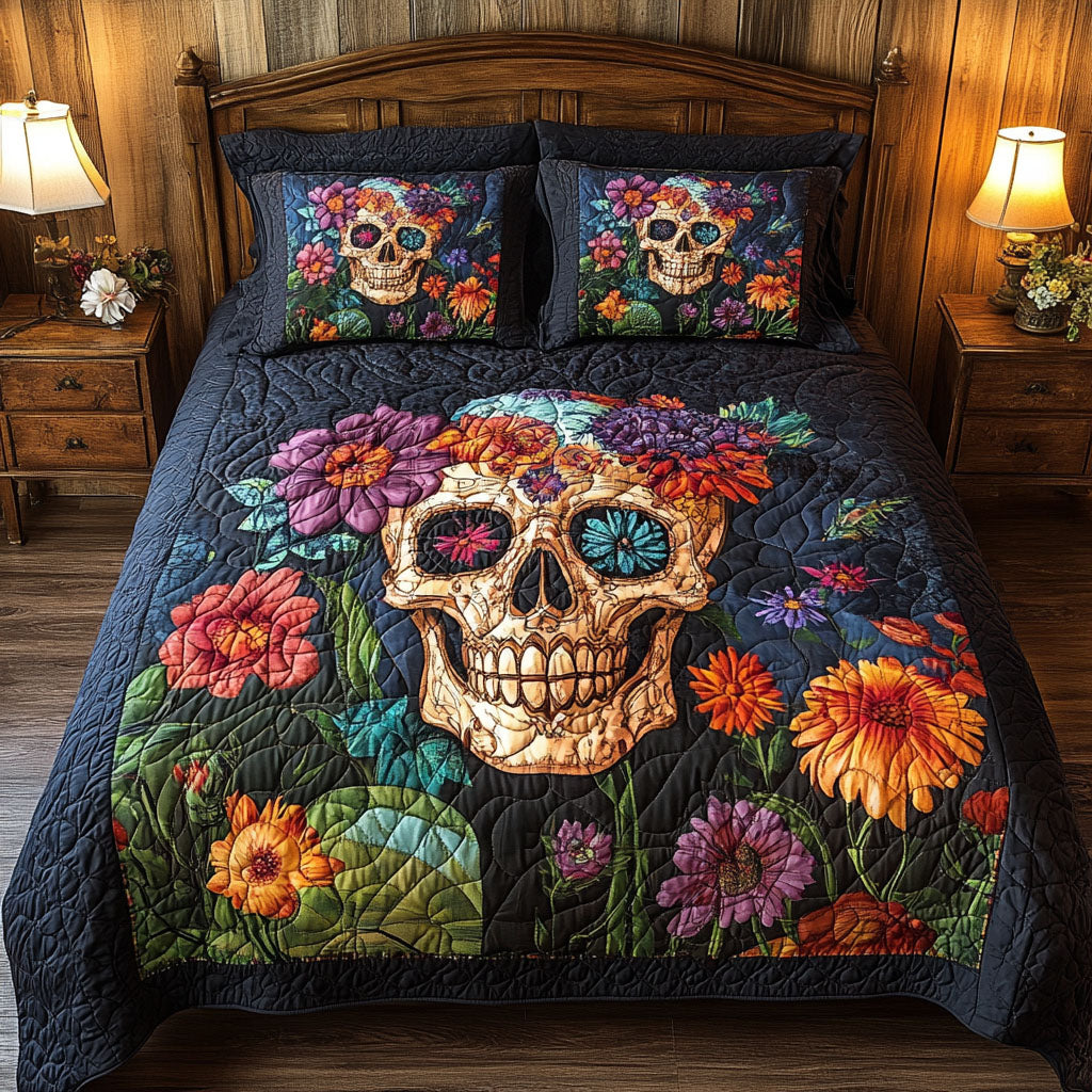 Sugar Skull Delight Quilted Bedding Set Dark Floral Skull Bedspread Set Gift For Her