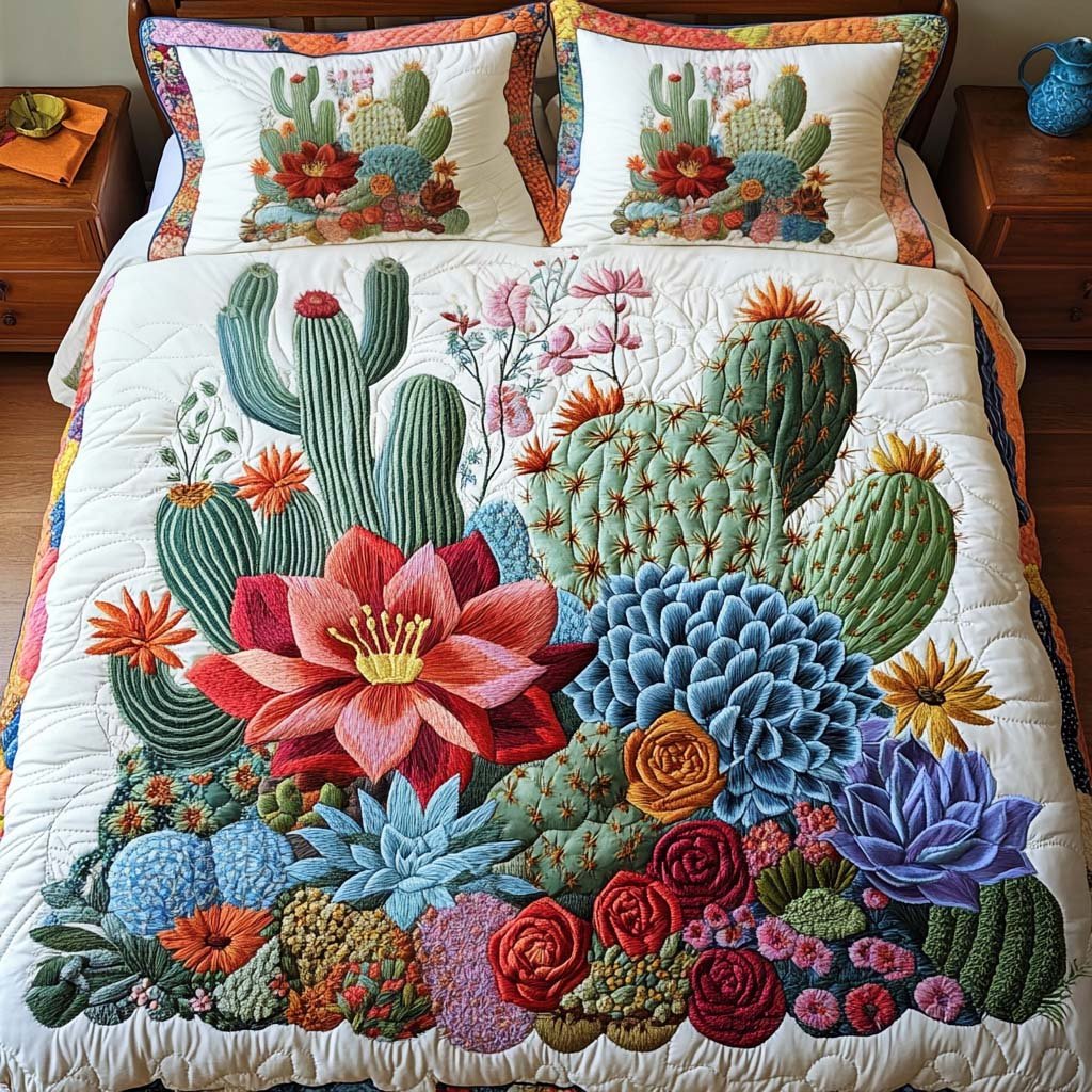Blooming Bright Quilted Bedding Set Vintage Floral Bedspread Set Gift For Mom
