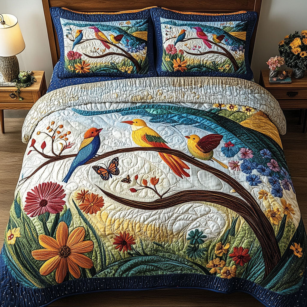 Birds Delight Quilted Bedding Set Cottage Bedroom Bedspread Set Housewarming Gift