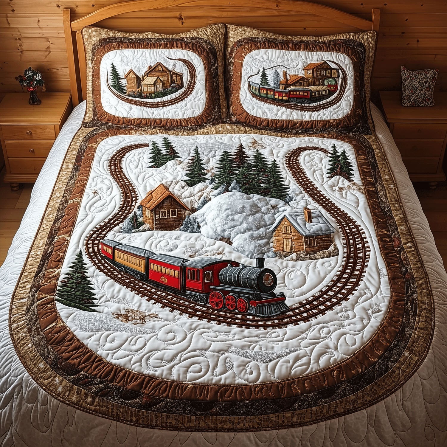 Winter Train Adventure Quilted Bedding Set Toy Train Bedspread Set Train Lover Gift