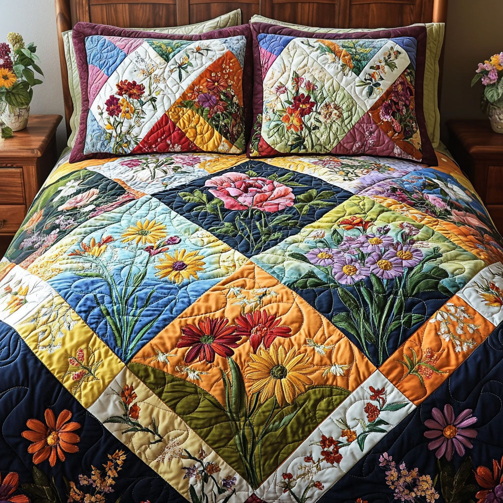 Wildflower Patch Quilted Bedding Set Floral Cottage Bedspread Set Garden Lover Gift