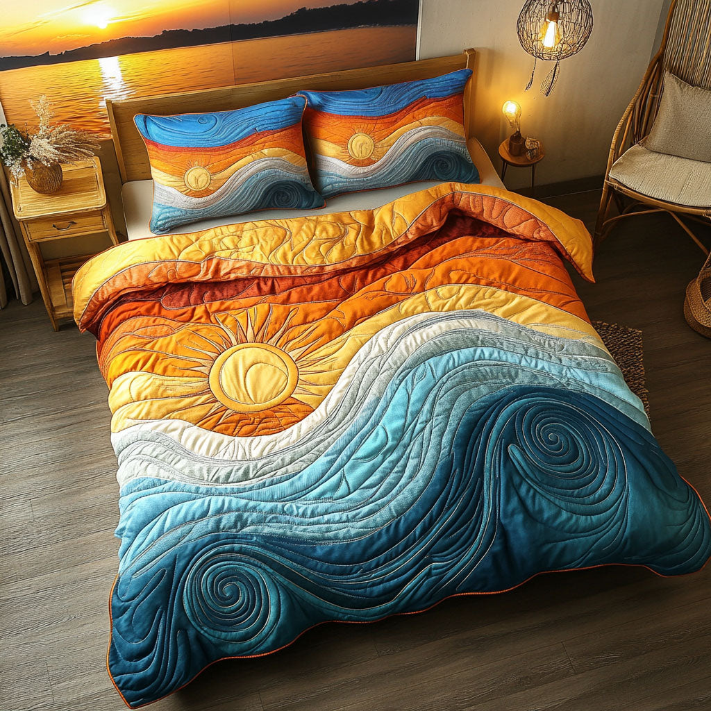 Sunrise And Waves Quilted Bedding Set Nautical Beach Bedspread Set Coastal Home Gift