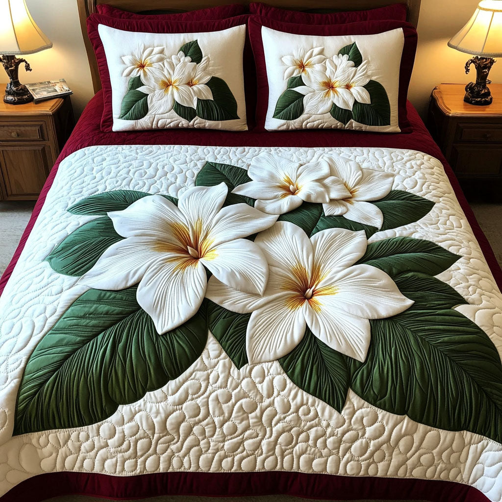 Serene Plumeria Quilted Bedding Set Tropical Hawaiian Bedspread Set Tropical Gift