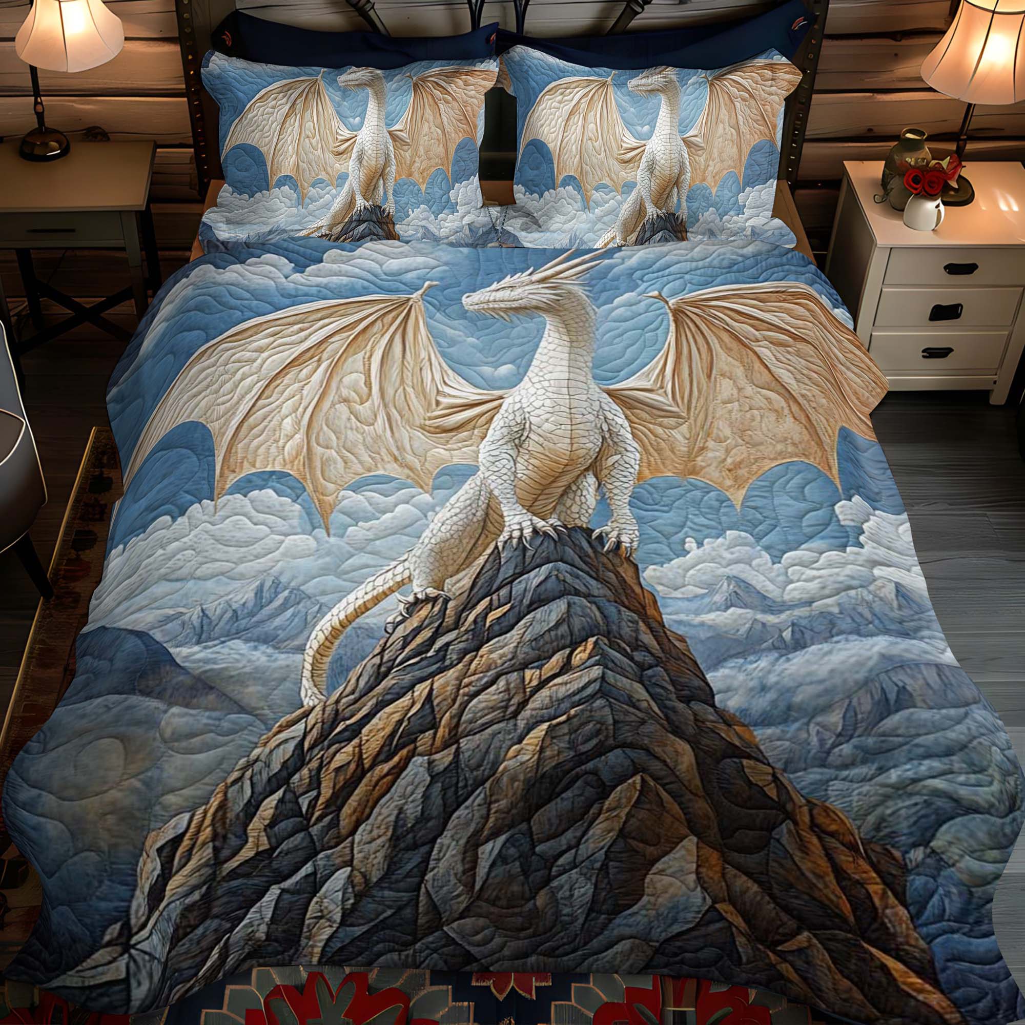 Whitefire Quilted Bedding Set Medieval Dragon Bedspread Set Gift For Dragon Lovers