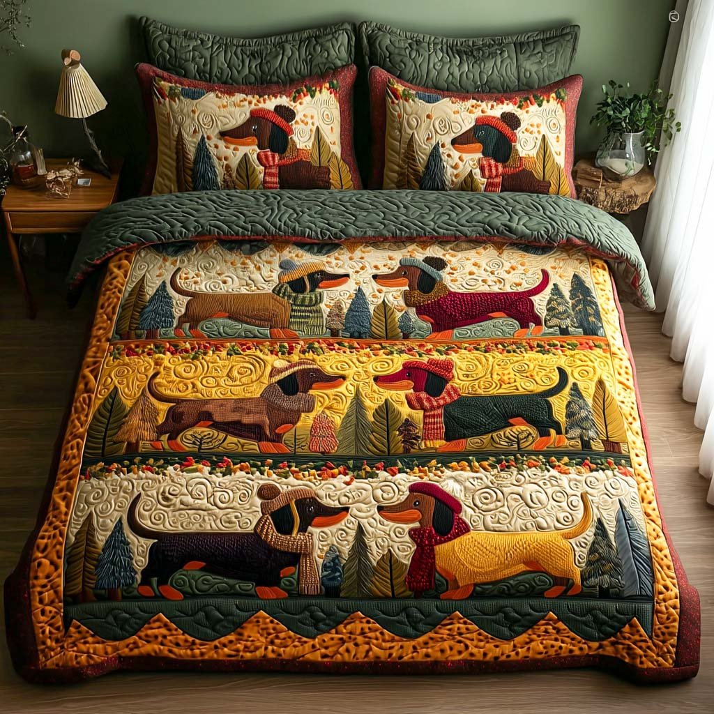 Rustic Dachshund Quilted Bedding Set Funny Dachshund Bedspread Set Dog Mom Gift
