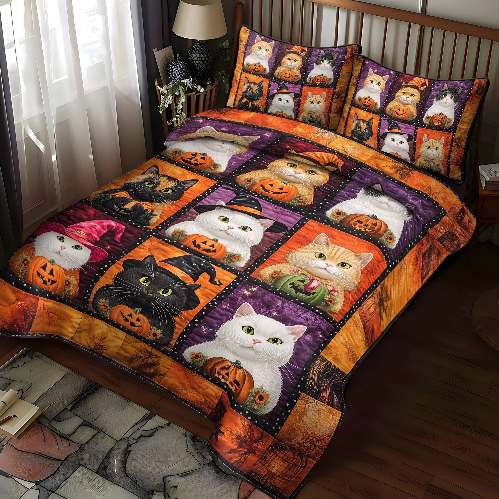 Halloween Kitty Quilted Bedding Set Spooky Halloween Bedspread Set Halloween Gift