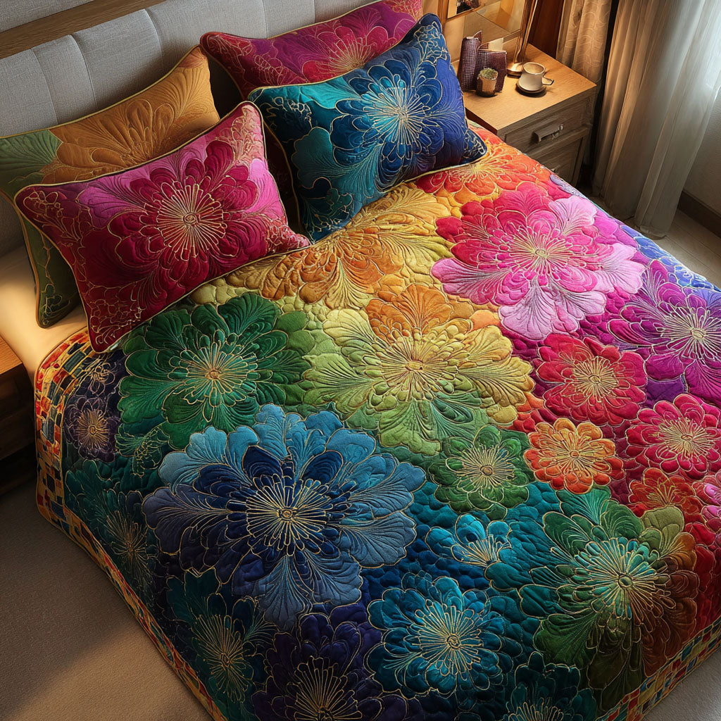 Aurora Bloom Quilted Bedding Set Wildflower Floral Bedspread Set Gift For Her