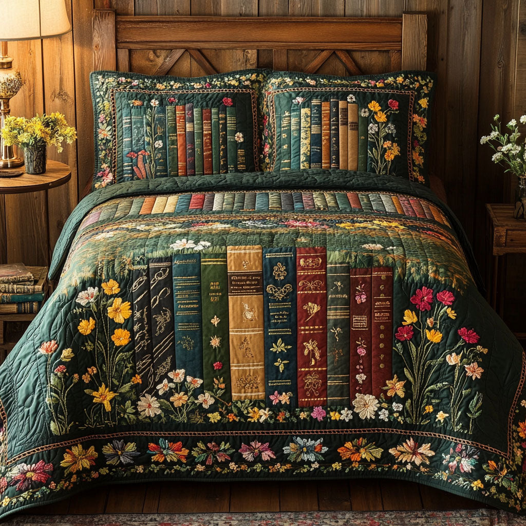 Nature Reads Quilted Bedding Set Vintage Library Bedspread Set Gift For Readers