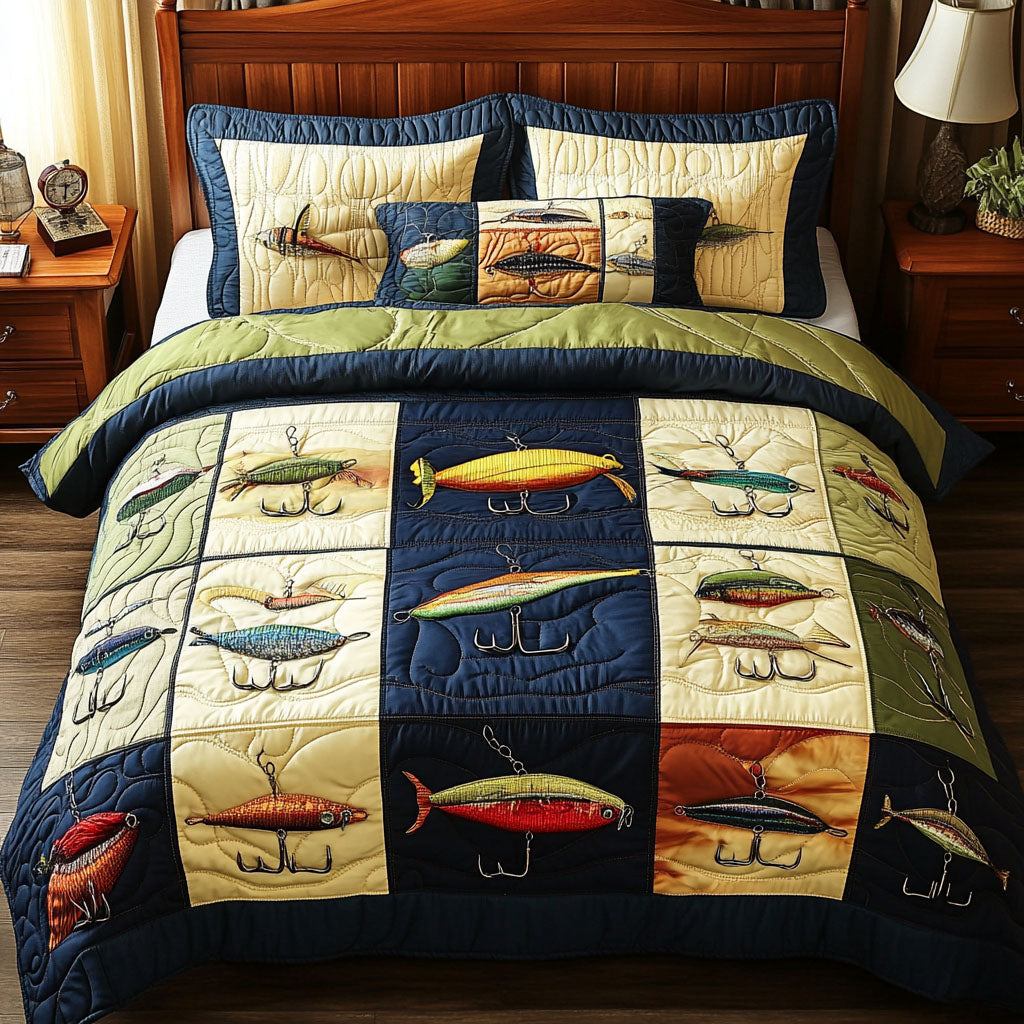 The Fish Lodge Quilted Bedding Set Fisherman Lake Bedspread Set Fishing Lover Gift