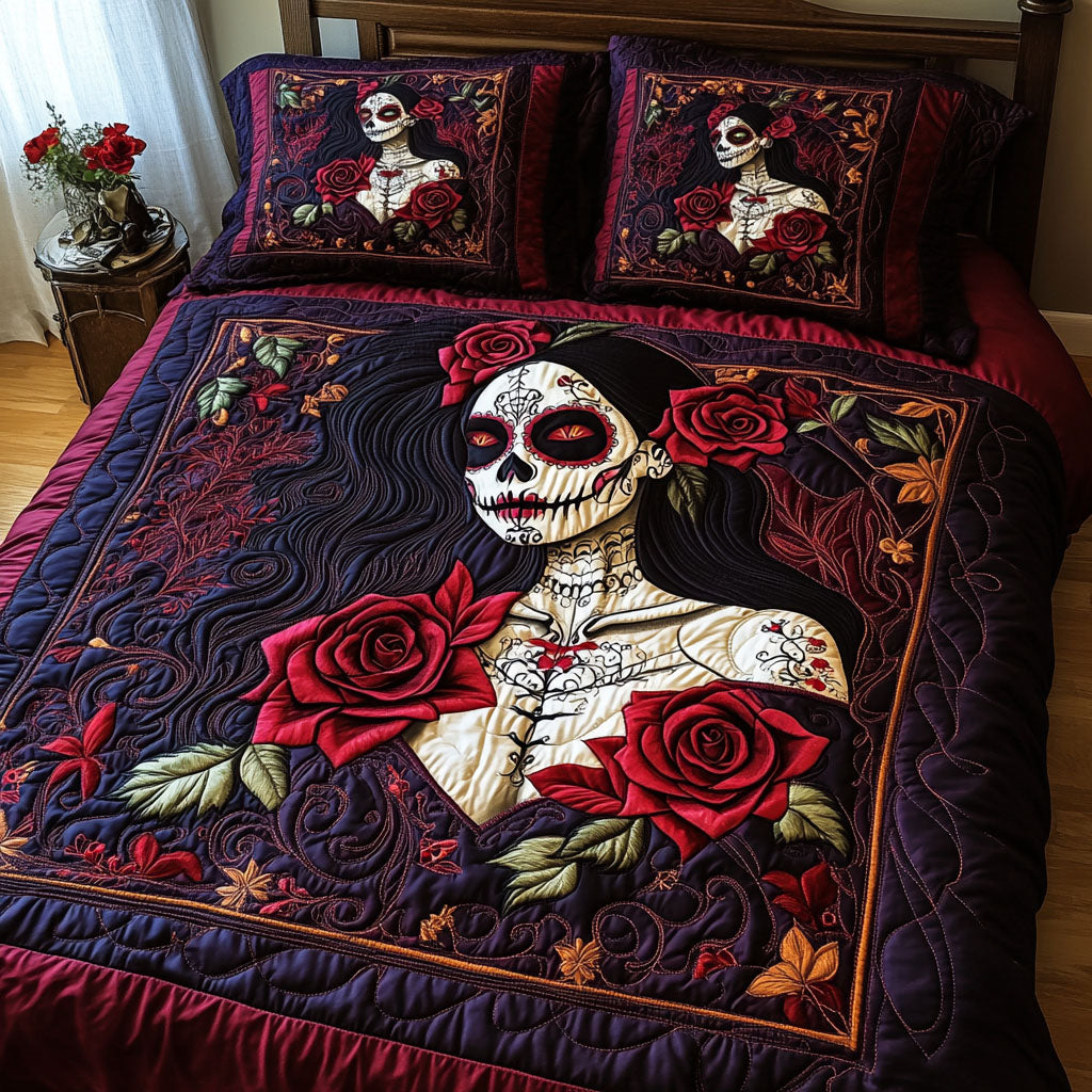 Skull And Blooms Quilted Bedding Set Sugar Skull Bedspread Set Halloween Gift