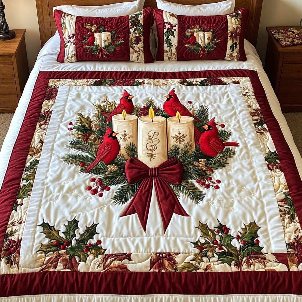 Cardinal Glow Quilted Bedding Set Memorial Cardinal Bedspread Set Gift For Mom