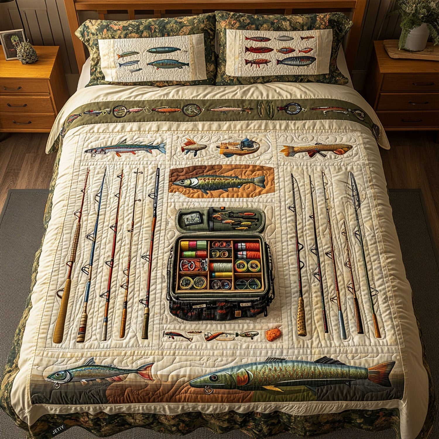 Fishing Expedition Quilted Bedding Set Fishing Lover Bedspread Set Gift For Fishermen