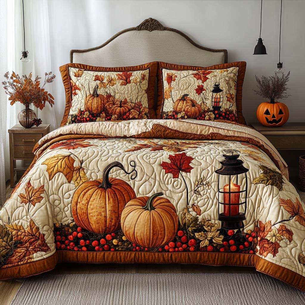 Falling Leaf Blessing Quilted Bedding Set Autumn Harvest Bedspread Set Fall Decor Gift