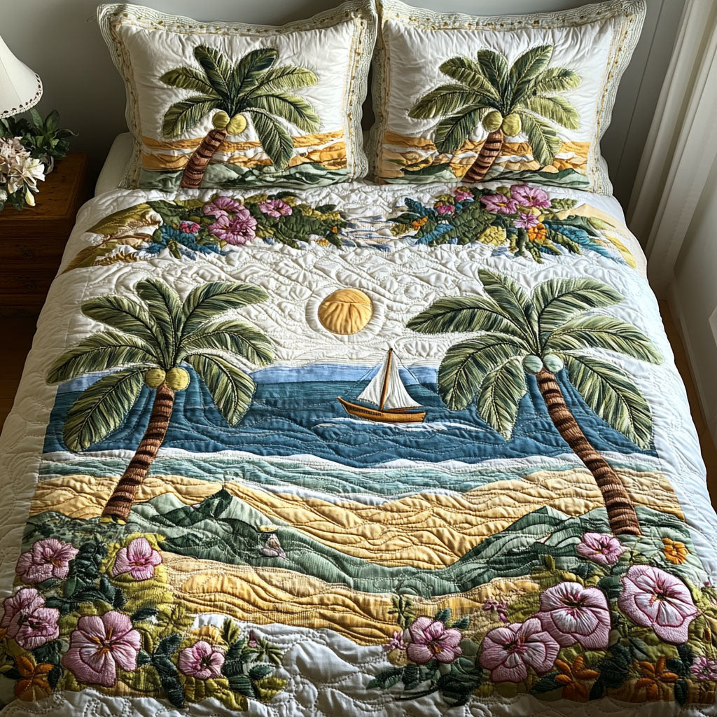 Serene Palm Island Quilted Bedding Set Tropical Island Bedspread Set Tropical Gift