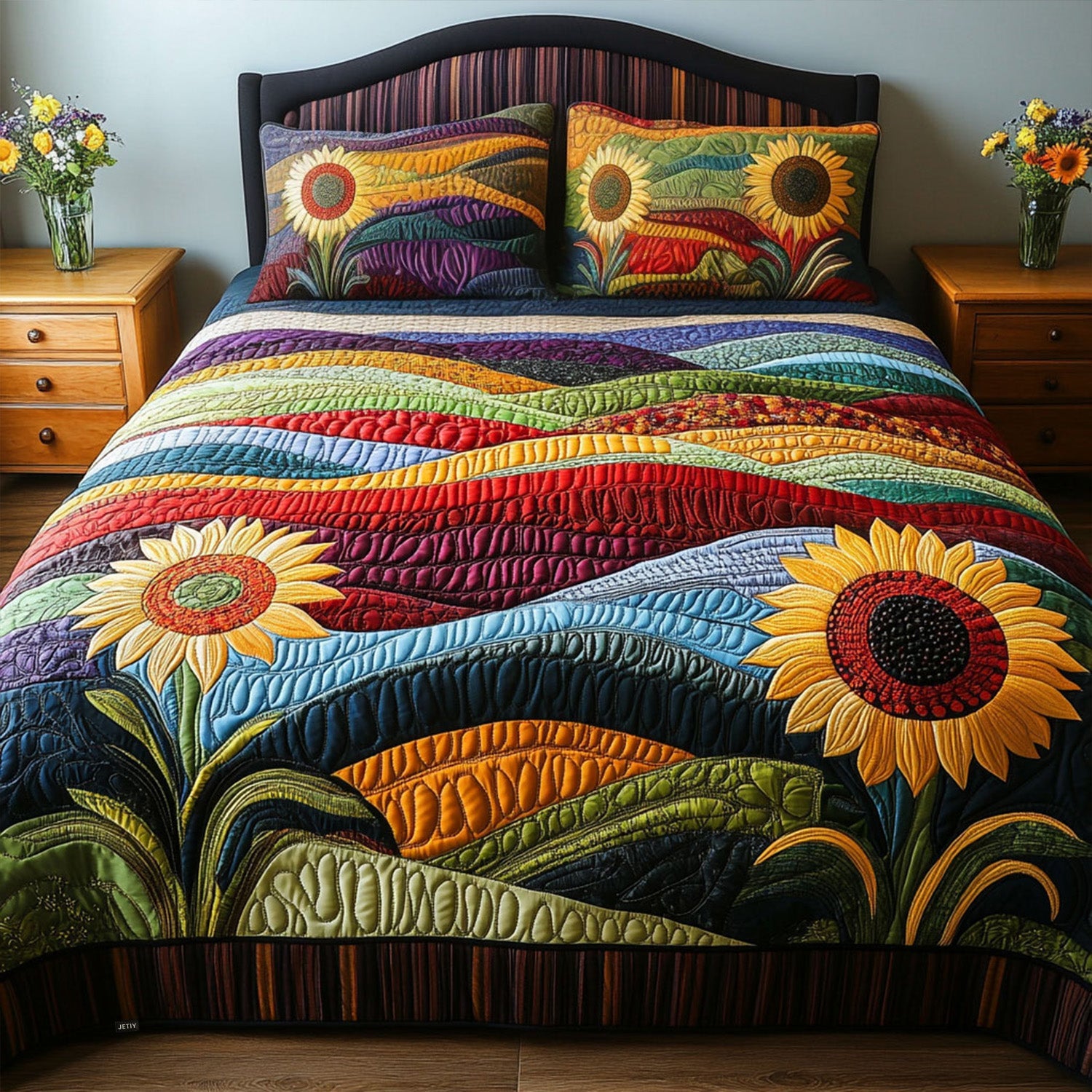 Country Sunflower Dreams Quilted Bedding Set Rustic Sunflower Bedspread Set Farmhouse Gift