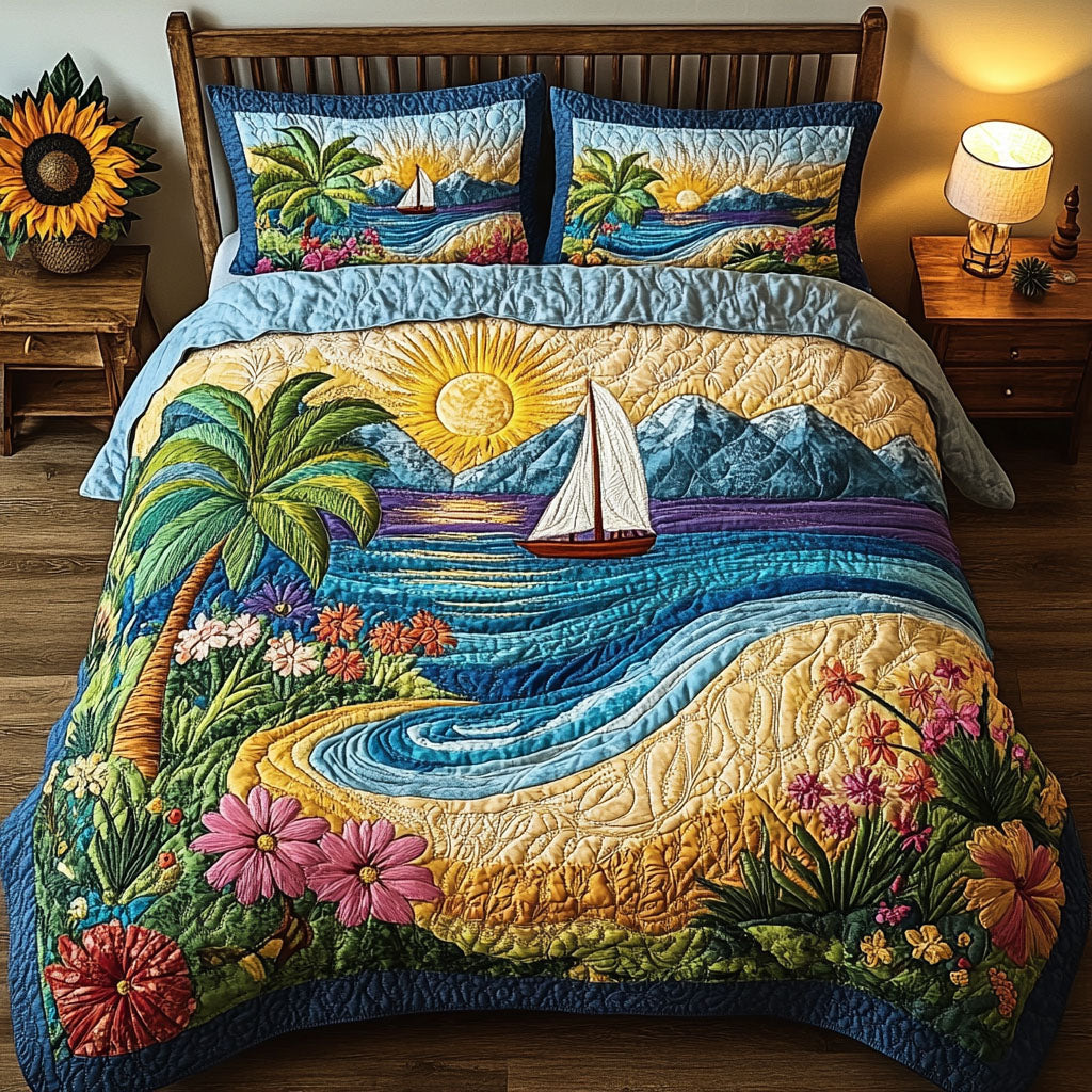 Beach Escape Quilted Bedding Set Ocean Coastal Bedspread Set Gift For Beach Lovers