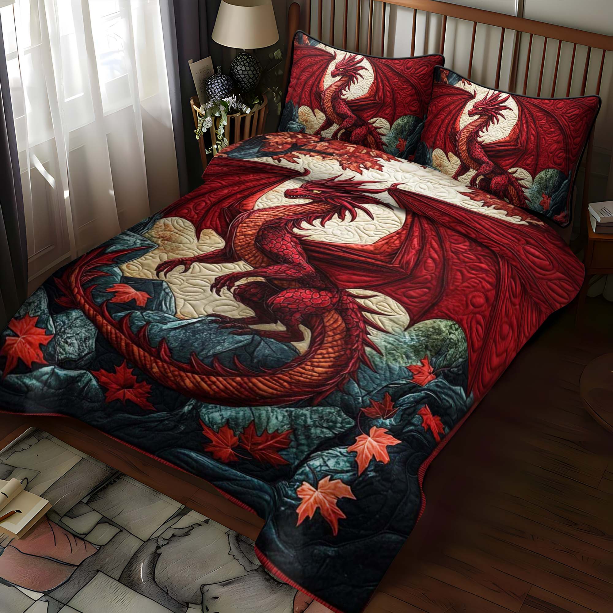 Crimson Blaze Quilted Bedding Set Fantasy Dragon Bedspread Set Book Lover Gift